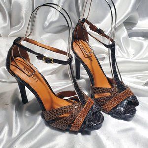 New NINE WEST multi brown t strap strappy snakeskin high heel sandals AFERDITA